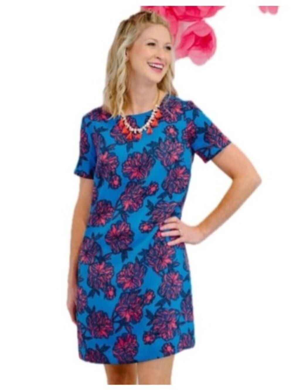 J.Crew Blue Pink Floral Shift Dress Size 0 Short Sleeve Mini Lined Polyester